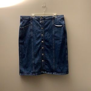 Midi length denim skirt.